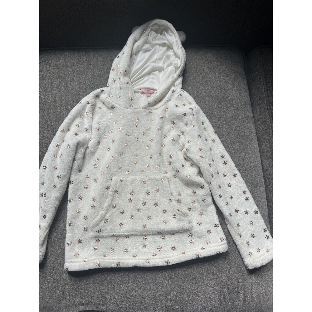 BCBG Girls Fleece Hoodie  6 White Gold Star Print With Ears Pullover - Picture 2 of 7